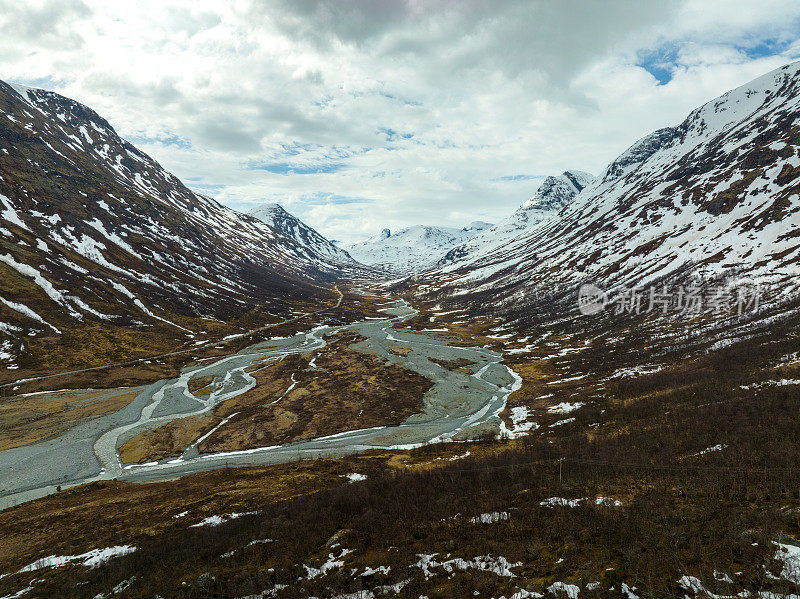 Aerial view of Jotunheimen valley and Galdhøpiggen  mountain peak